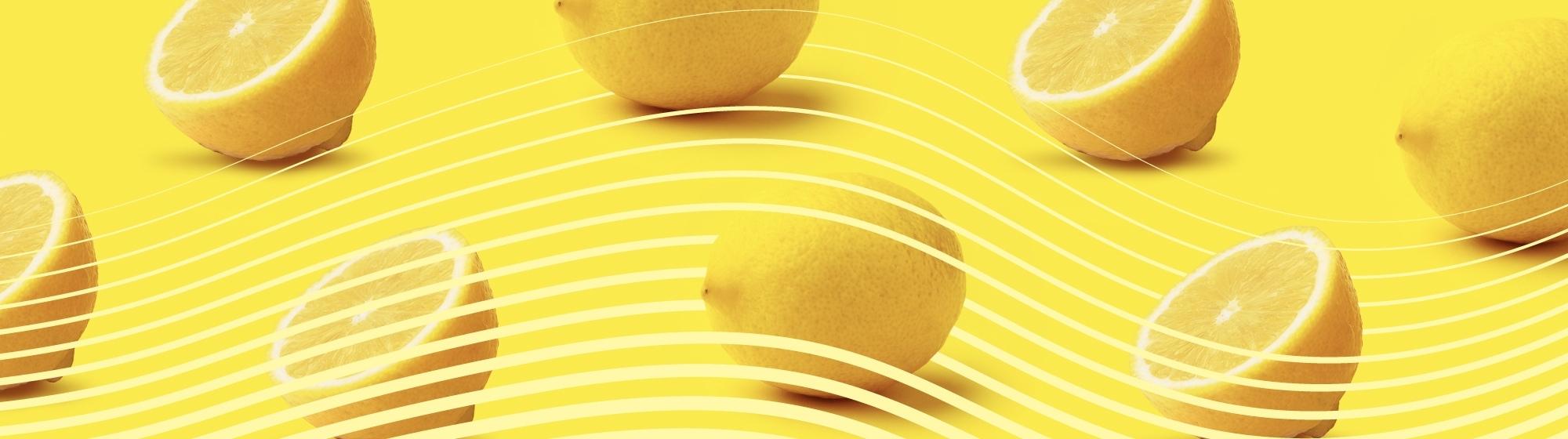 Artistic illustration of whole and halved lemons on a yellow background, with white wavy lines overlaid