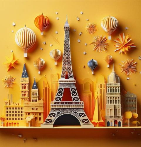 Paper illustration of the Eiffel Tower surrounded by hot air balloons and festive decorations on a yellow background.