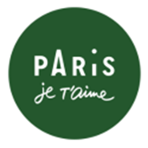 Logo de "Paris je t’aime", en blanc sur un fond vert rond.