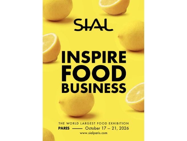 Affiche officielle du salon SIAL Paris 2026 avec un fond jaune, des citrons et le slogan "Inspire Food Business". L’événement se déroulera à Paris du 17 au 21 octobre 2026