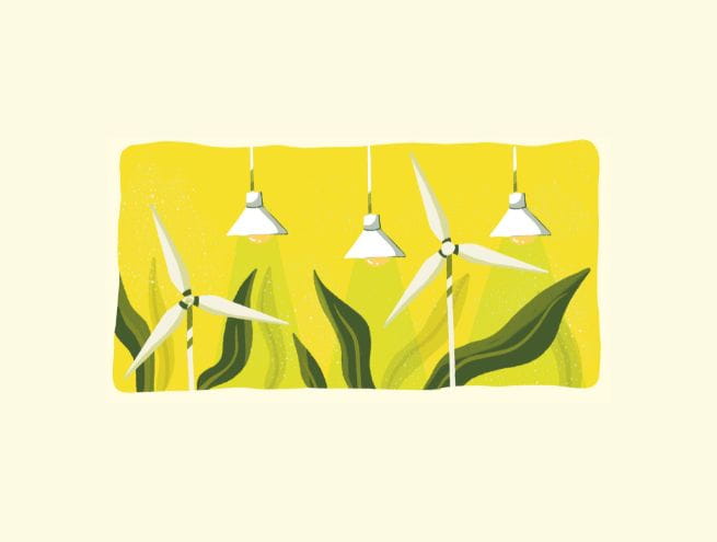 Illustration of three wind turbines and plants under hanging lights on a bright yellow background.