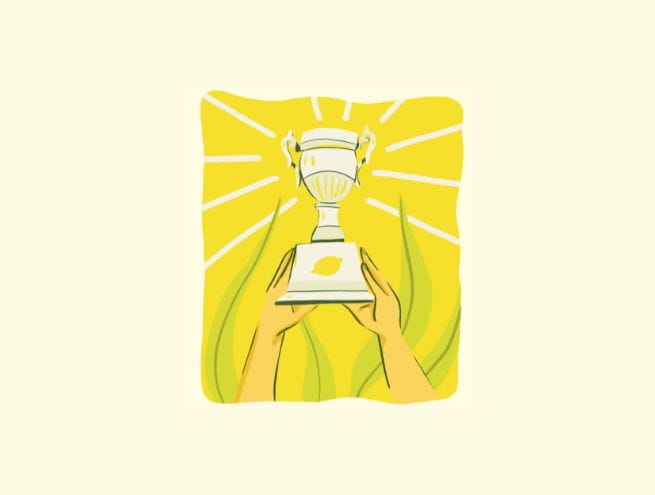 Illustration of a white trophy being held up by hands on a bright yellow background, symbolizing a moment of victory.