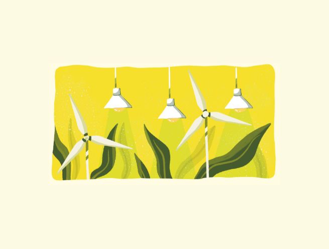 Illustration de trois éoliennes et des plantes sous des lampes suspendues sur un fond jaune lumineux.