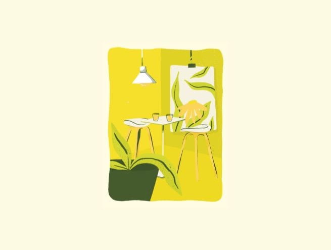 Illustration d'un coin repas avec une table, des chaises et des plantes sur un fond jaune avec des touches de vert.