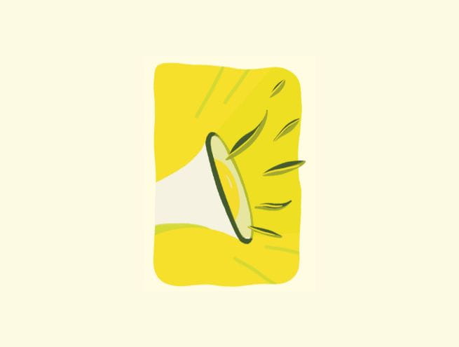 Illustration of a white and yellow megaphone emitting green leaves on a bright yellow background.