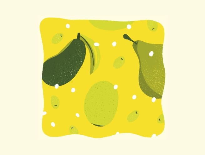 Illustration of a fruit pattern with an avocado, a pear, and olives on a bright yellow background with scattered white dots. 