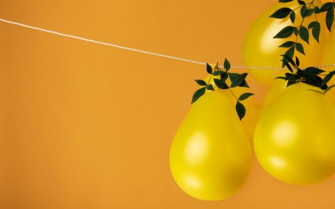 Des ballons jaunes et des feuilles