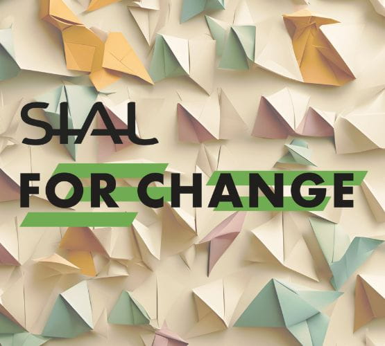 SIAL for Change" sur fond d'origami multicolores dans des tons pastel.