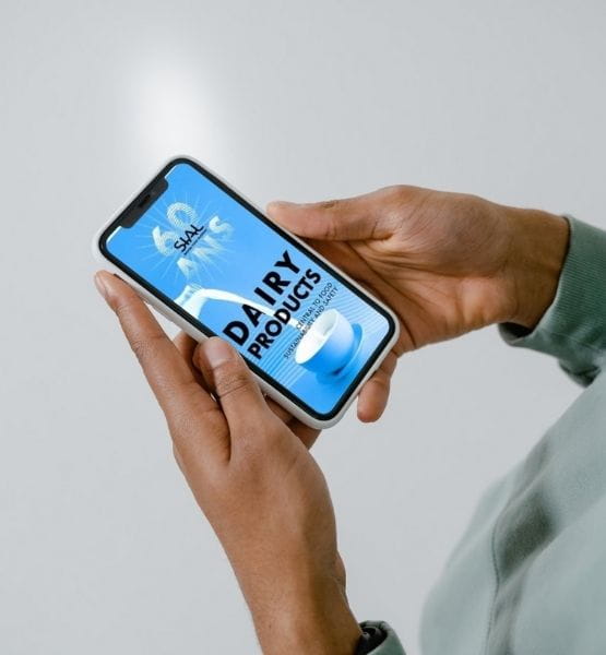 Person holding a smartphone displaying the CNIEL white paper cover titled 'Dairy Products: Central to Food Sustainability and Safety'.